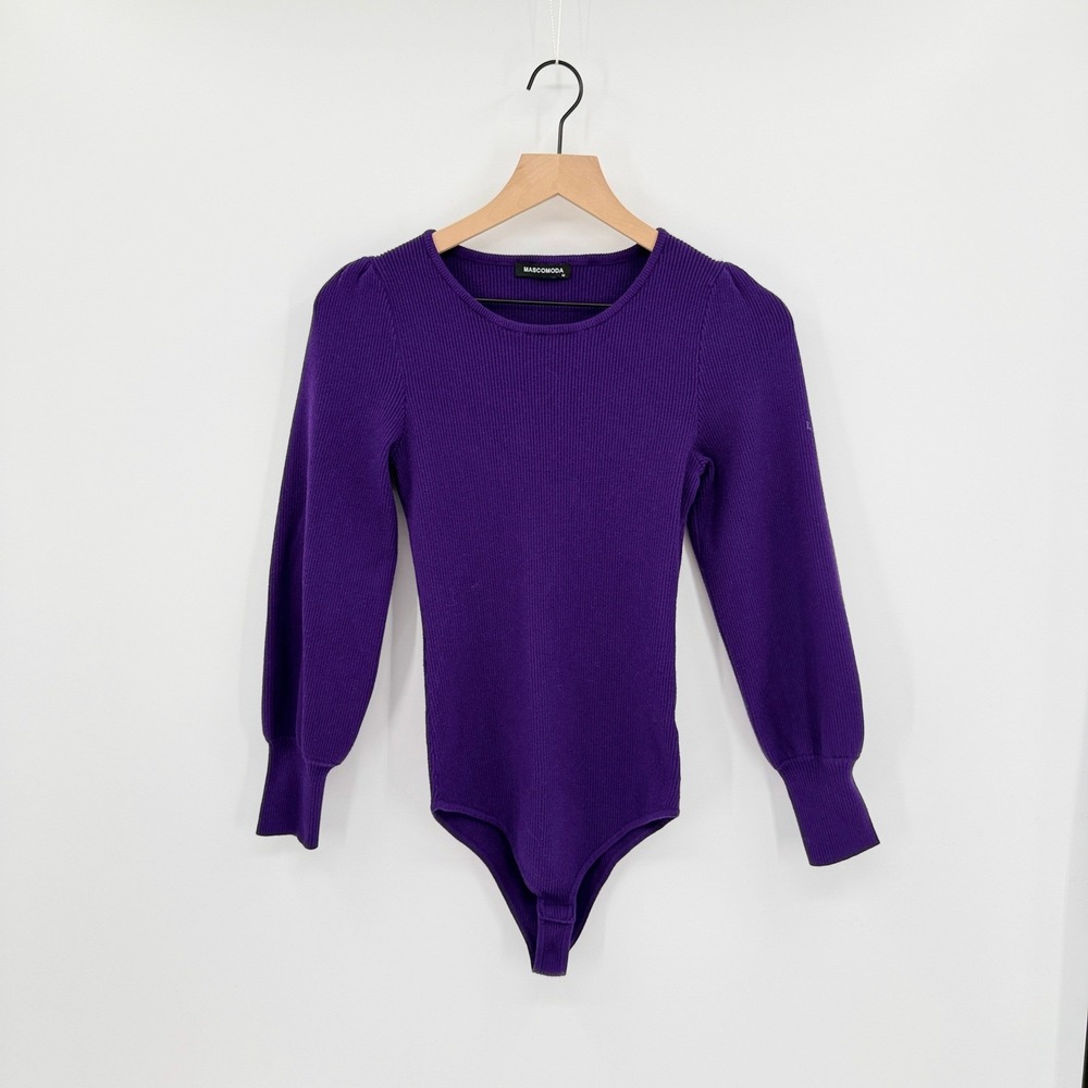 Mascomoda Ribbed Puff Sleeve Bodysuite Size M Bold Purple Layering Fall Fashion